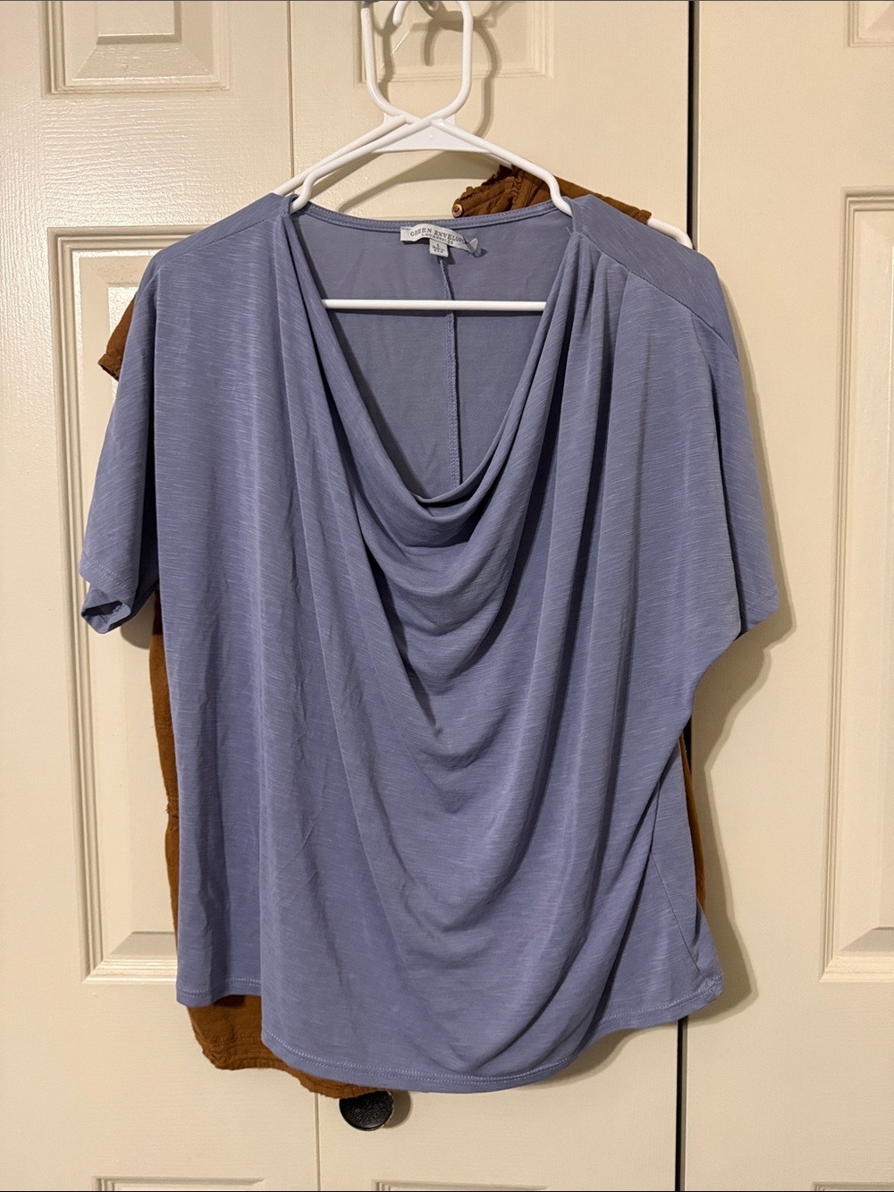 Green Envelope Lavender Draped Cowl Neck Short Sleeve Top